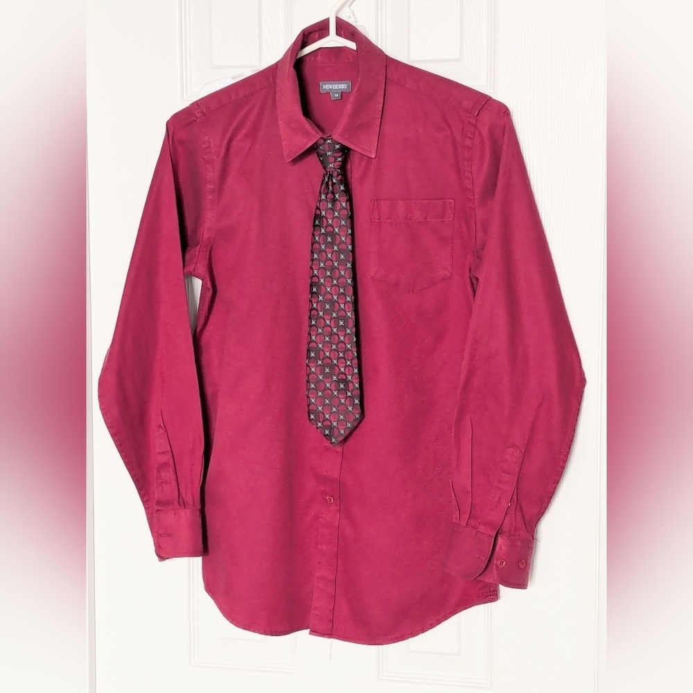 Newberry Boy (Size 14) Deep Red Burgundy Button Down Shirt & Matching Zipper Tie